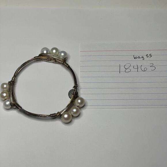 BOURBON & BOWETIES gold tone bracelet bangle PEARL signed jewelry wire wrapped - Picture 12 of 12